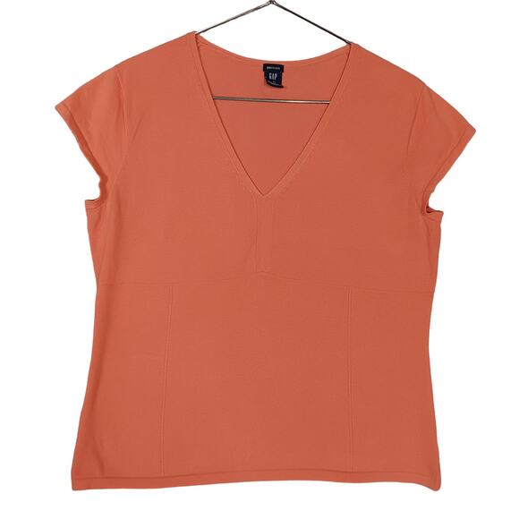 Gap Stretch Top Size XL Orange Short Sleeve V Neck Fine Knit Career Style - Picture 2 of 5